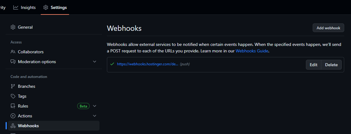 Github Webooks Settings